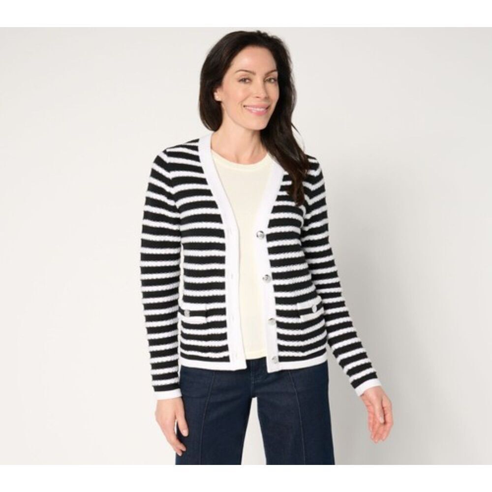 NWOT Isaac Mizrahi Black White Striped Cotton Knit Silver Button Cardigan sz 1X